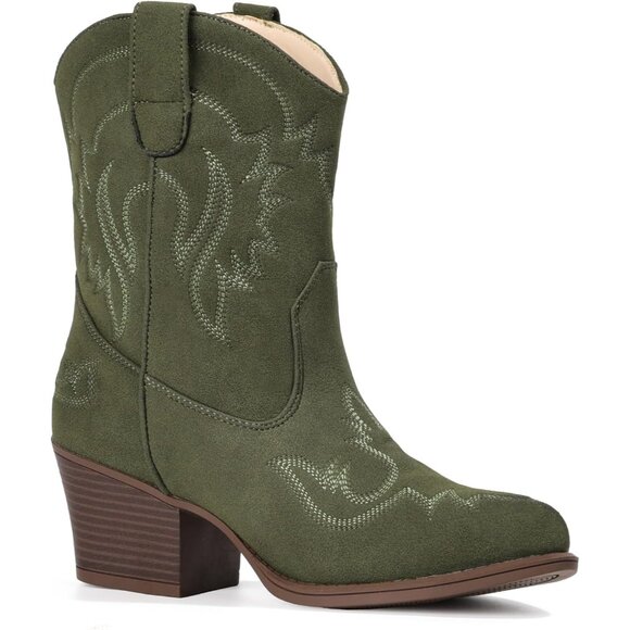 ⚡Women Green Faux Leather Ankle Cowgirl Pull-On Pointed Toe Short Western Boots - Picture 3 of 9